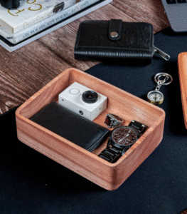 Premium Mahogany Wood Slim Desk Valet Box – Handcrafted Storage for Home & Office